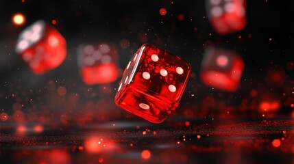 Red dice falling on black surface with red glitter, gambling addiction concept