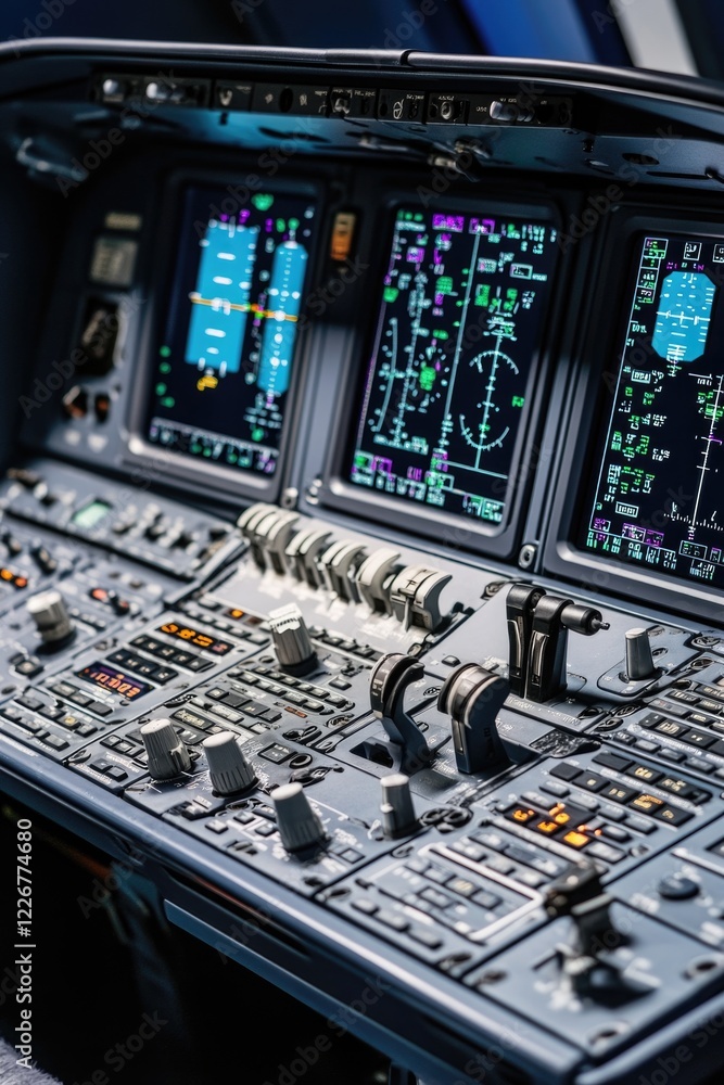 Poster close-up view of an airplane control panel with buttons and gauges