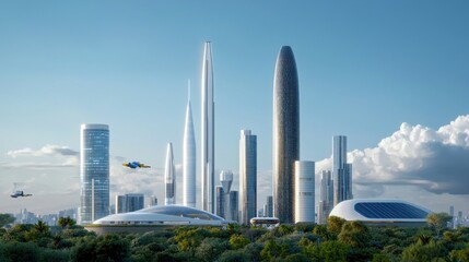 Obraz premium Futuristic Cityscape with Flying Vehicles