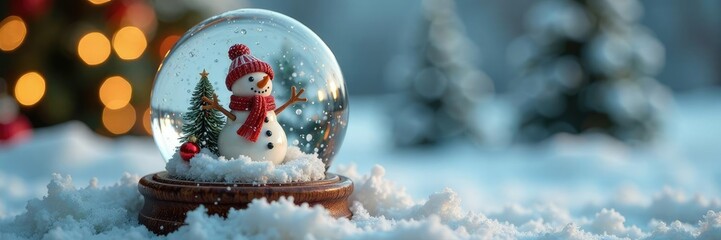 Obraz premium Miniature snowman in a snowy landscape within a miniature glass globe, festive atmosphere, small snowman, globe
