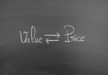 Value balanced against price written on a blackboard