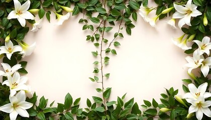 Fototapeta premium White lilies and green leaves frame a blank space
