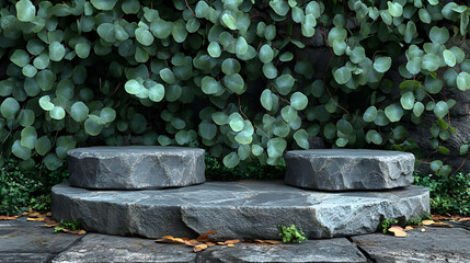 Gray Stone Podium with Lush Green Foliage Background