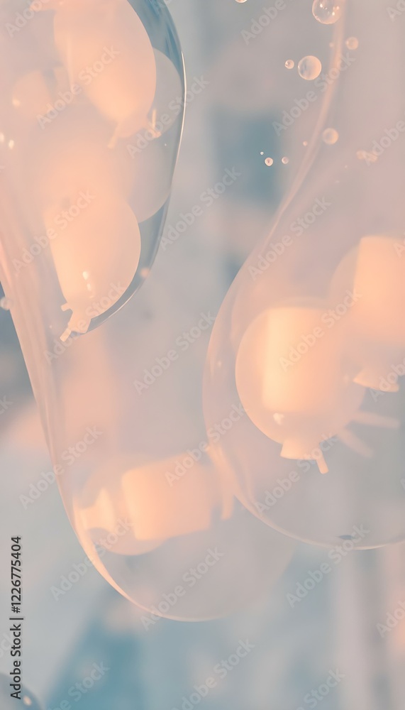 Poster abstract translucent shapes filled with pale peach-colored objects on a muted background