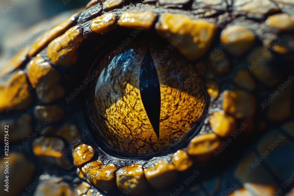 Poster close-up view of an alligator's eye, showing its unique features and textures