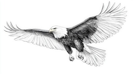 Naklejka premium Majestic Bald Eagle in Flight Captured in Detailed Black and White Artistic Illustration and Design