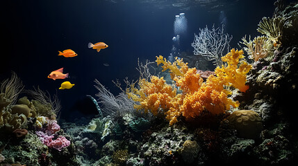Fototapeta premium Tropical sea underwater fishes on coral reef. Aquarium oceanarium wildlife colorful marine panorama landscape nature snorkel diving