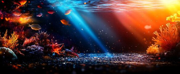 Tropical sea underwater fishes on coral reef. Aquarium oceanarium wildlife colorful marine panorama landscape nature snorkel diving
