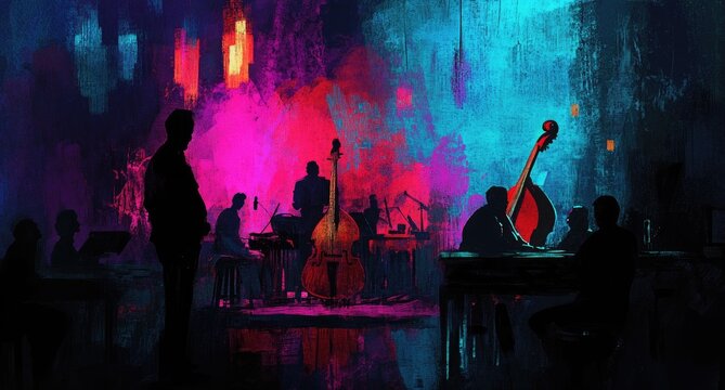Nightlife Jazz Session: Vibrant Brushstrokes and Silhouettes