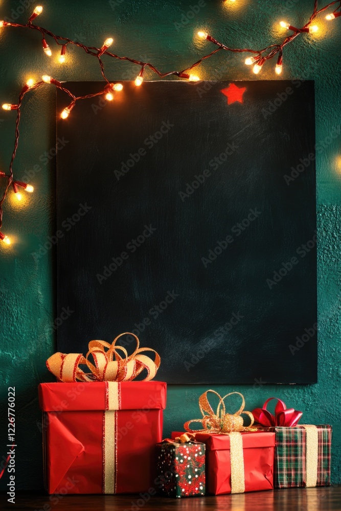 Poster a blackboard with a star on it is surrounded by three red boxes. the boxes are decorated with ribbon