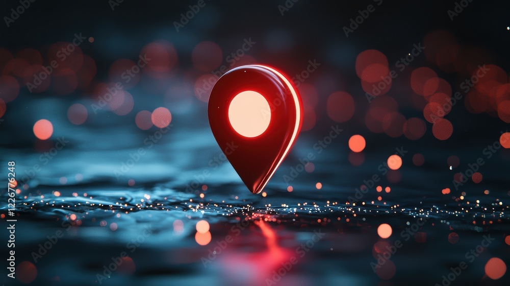 Poster icon pin location map pin icon pulsating on a map, nighttime city lights visible, indicates a curren