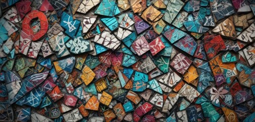 Fototapeta premium Mosaic pattern created from fragmented pieces of graffiti art, mosaic technique, mosaic art, broken glass effect, decorative tiles, geometric patterns