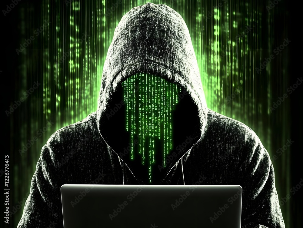 Aufkleber a hooded figure with a digital matrix background, symbolizing hacking and cybersecurity.