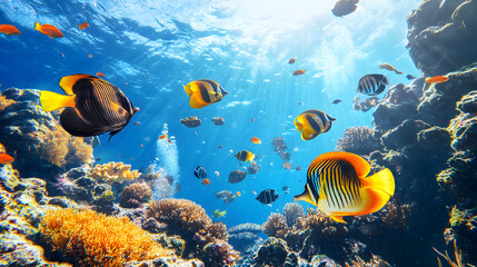 Fototapeta premium Tropical sea underwater fishes on coral reef. Aquarium oceanarium wildlife colorful marine panorama landscape nature snorkel diving