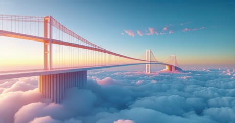Fototapeta premium Suspension bridge in vibrant red and yellow colors stretching above fluffy white clouds, surrounded by abstract green and blue hills, warm sunlight, deep contrast, surreal perspective