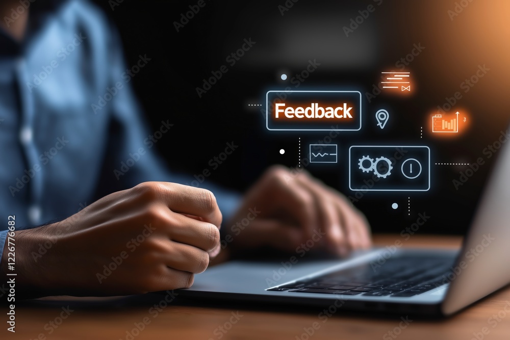 Poster hands typing on laptop with feedback icons floating above in dark environment for business and techn