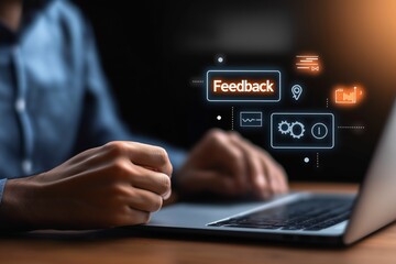 Hands Typing on Laptop with Feedback Icons Floating Above in Dark Environment for Business and Technology Use