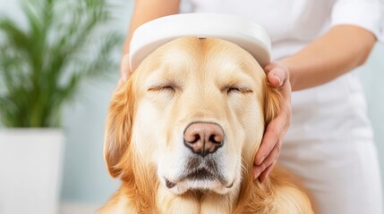 Golden retriever receiving gentle pet care with calming touch