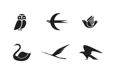 Set of silhouette icons of bird logos. Owl, swallow, dove, swan, crane, eagle. Vector illustration