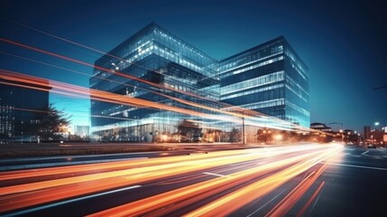 Fototapeta premium Light trails on the modern building background. Light trails at night in urban environment, Abstract Motion Blur City, traffic, transportation, street, road, speed
