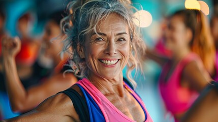 Happy Senior Woman Exercising in Fitness Class