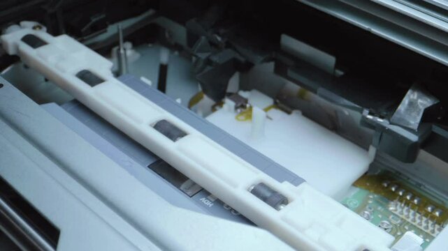 A mini DV cassette into a DV tape recorder, inside which the film unfolds and girth the rotating video head. Closeup. Macro