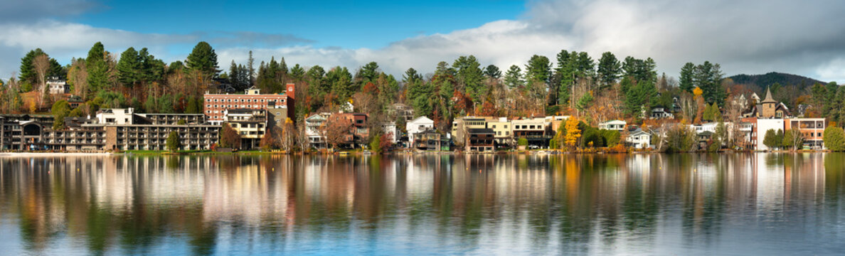 Lake Placid town over Mirror Lake in the Adirondacks of New York State