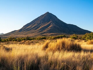 Majestic Mountain Peak Dominates the Landscape at Sunset with Golden Grass