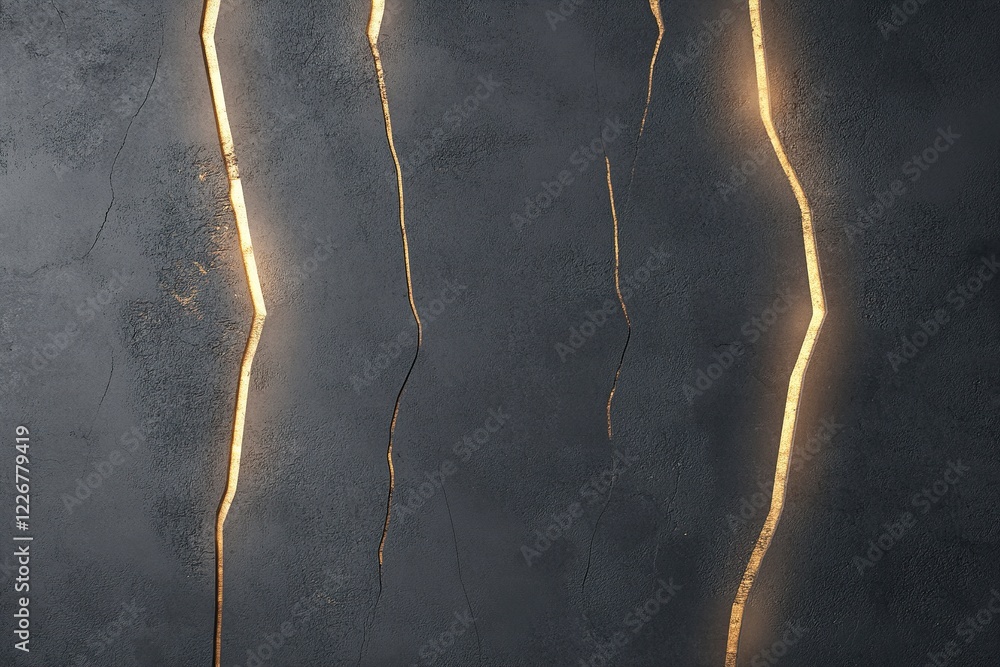 Aufkleber a dark matte black concrete wall features striking illuminated cracks that enhance the visual textur