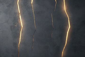 A dark matte black concrete wall features striking illuminated cracks that enhance the visual texture and depth, creating an artistic atmosphere in a contemporary setting