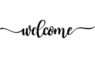 Hand drawn calligraphy of the word "Welcome"