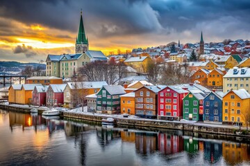 Fototapeta premium Trondheim Winter Cityscape, Norway - Colorful Buildings, Cloudy Day