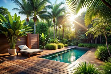 Fototapeta premium Tropical Backyard Oasis: Wooden Deck & Plunge Pool
