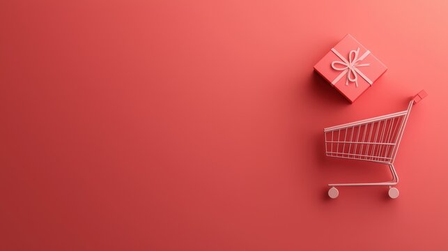 shopping cart gift promotion campaign icon Shopping cart icon with a gift box on top, red background, representing promotional campaigns and special offers