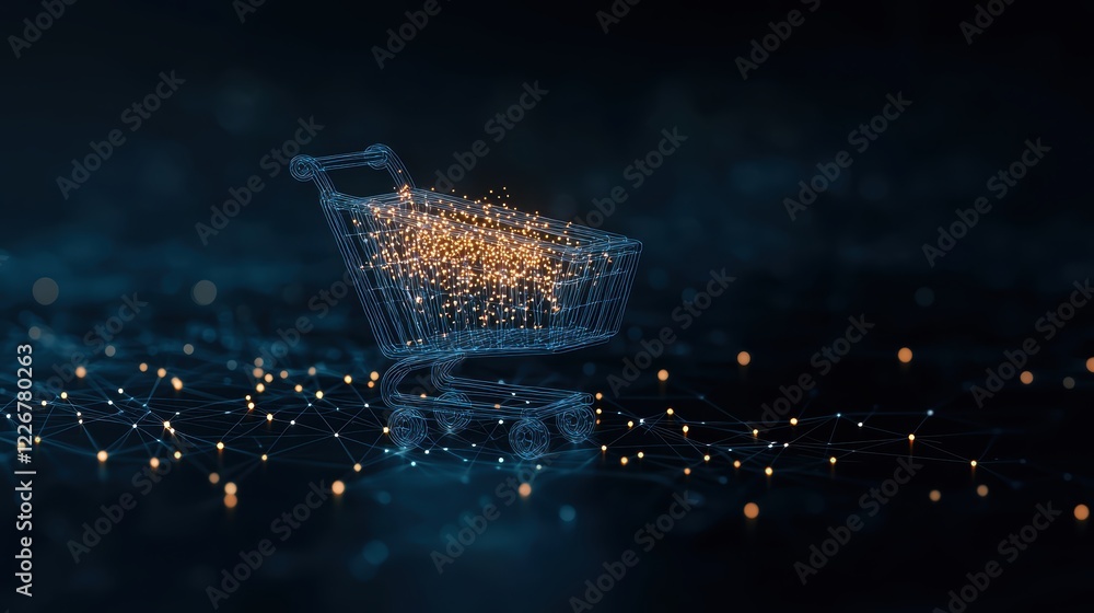 Poster shopping cart network interface online shopping data streams flowing into a shopping cart icon, dark