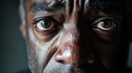 A close-up portrait of a man's face with a serious and thoughtful look