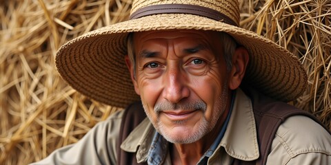 Fototapeta premium A weathered farmer, serene smile, straw hat, hay bale backdrop. Rustic charm.