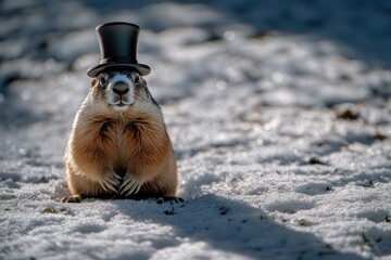 A groundhog sits in the snow wearing a top hat, perfect for winter scenes or humorous illustrations