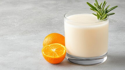 Fototapeta premium Fresh Orange Juice with Creamy Texture in a Glass Garnished with Green Herb on Grey Background