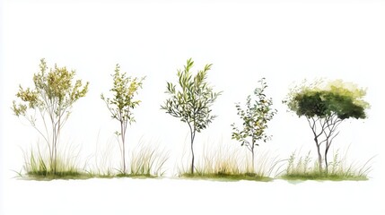Obraz premium set of grass, Vector of green tree side view isolated on white background ,watercolor tree elevation for landscape concept,environment scene,eco design, garden for spring