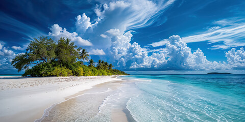 vu depuis le sol, une plage de sable fin et une mer turquoise entourée de végétation tropicale - format bannière web panoramique