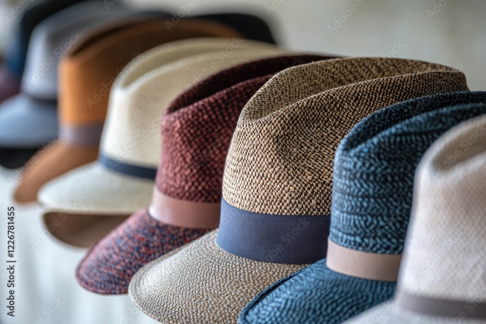 Poster a collection of hats placed neatly on a table, suitable for use in editorial or commercial contexts