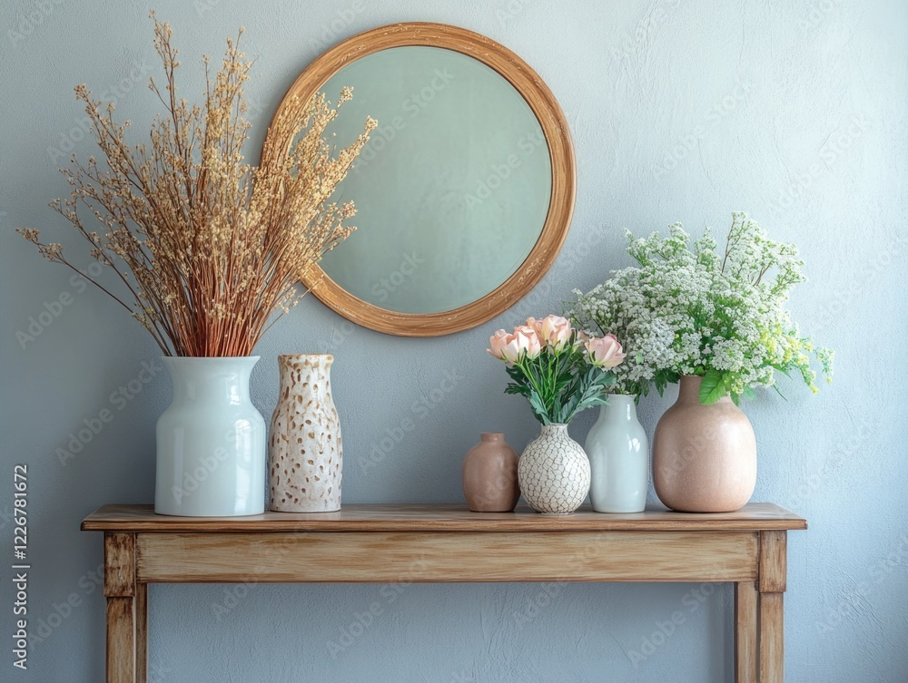 Poster a wooden table with a mirror and several vases of flowers on it. the vases are of different sizes an