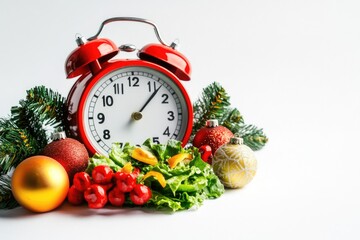 A red alarm clock surrounded by Christmas decorations, great for holiday-themed projects