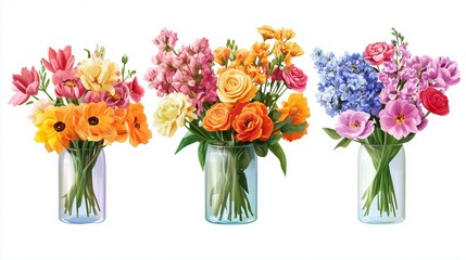 set of multi-colored bouquets of flowers in a glass vase isolated on white