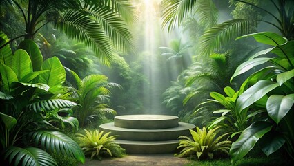 Tropical Jungle Podium Product Showcase - Lush Green Leaves Backdrop