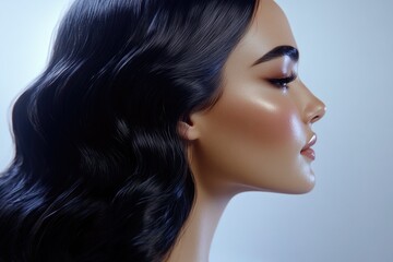 Fototapeta premium Close-up portrait of a woman with long black hair, ideal for beauty or editorial use
