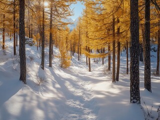 Obraz premium A serene snowy forest path with towering evergreen trees and a clear sunny sky.