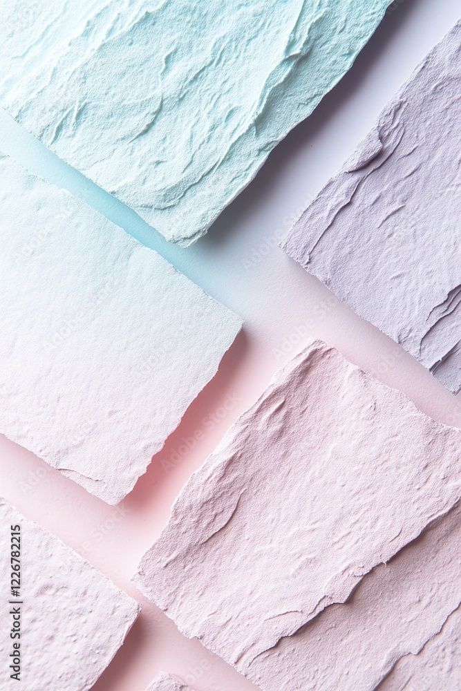 Poster an intricate arrangement showcases overlapping pastel color blocks with varied textures. the soft hu