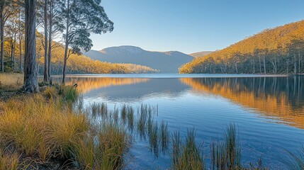 Naklejka premium Serene lake reflecting autumn foliage at sunrise.